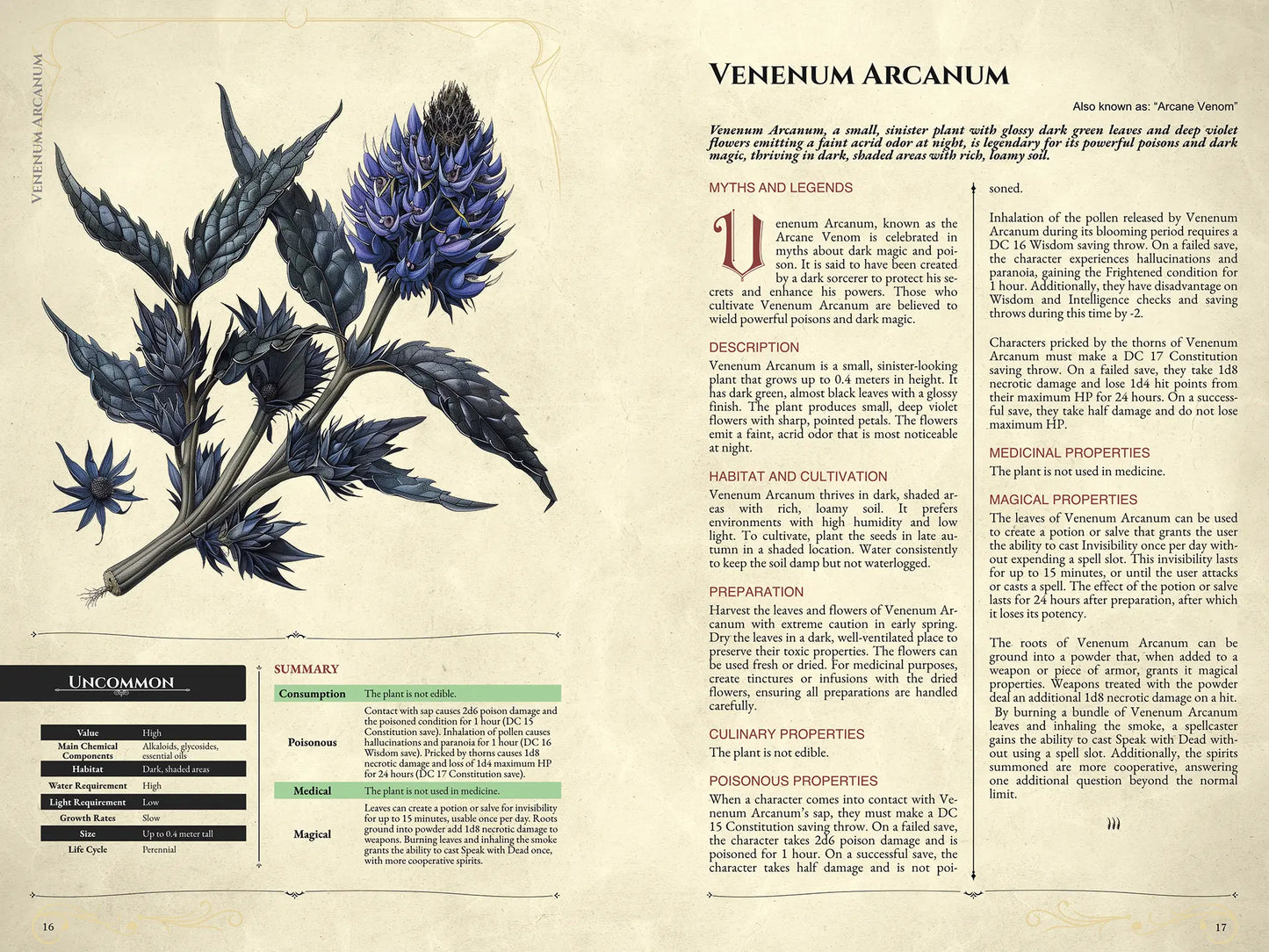 Sample spread of the book Mystic Herbs Compendium for 5E, showing a detailed illustrated plant entry with main information, short descriptions, and stats for 5e. Perfect resource for dnd books, dnd 5e books, dnd monsters, dnd books 5e, d&d monster lore, dnd monsters, d and d monsters, and dungeons and dragons monsters. Features summary tables and botanical illustrations, ideal for players and game masters seeking new magical plants, abilities, and encounters in their DnD campaigns; available on a4play.com.