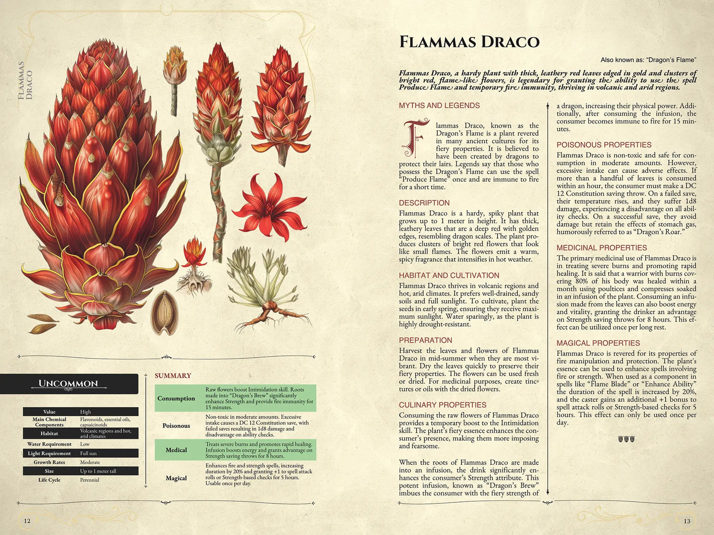 Book spread from Mystic Herbs Compendium for 5E on a4play.com featuring a plant stat block, short descriptions, magical properties, and 5e stats. Illustrated dnd book for dnd 5e books, includes mystical herbs, plant lore, potion tables, dnd monsters, and essential resources for dnd books 5e, dnd 5e books, dnd monsters, dnd books, and d and d monsters fans.