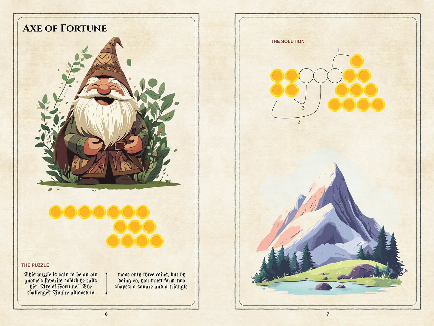 Coin Puzzle book spread on a4play.com featuring a coin-based riddle and solution, RPG puzzle book for Game Masters, system-agnostic supplement with 45+ coin puzzles for unlocking chests, doors, and NPC interactions. Ideal for RPG puzzle fans seeking coin riddles, tabletop game solutions, and adventure supplements.