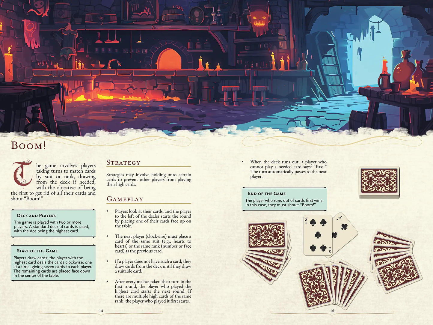 Book spread from ‘100 Games for your 5E Adventures’ on A4Play.com, featuring a detailed illustrated plant block with quick reference information, properties, and 5E-compatible statistics. This illustrated card and dice games book for 5E RPG and TTRPG campaigns includes game descriptions, rules, stats, and example gameplay to enhance tabletop adventures. Perfect for DnD 5E and role-playing game fans. Boom!
