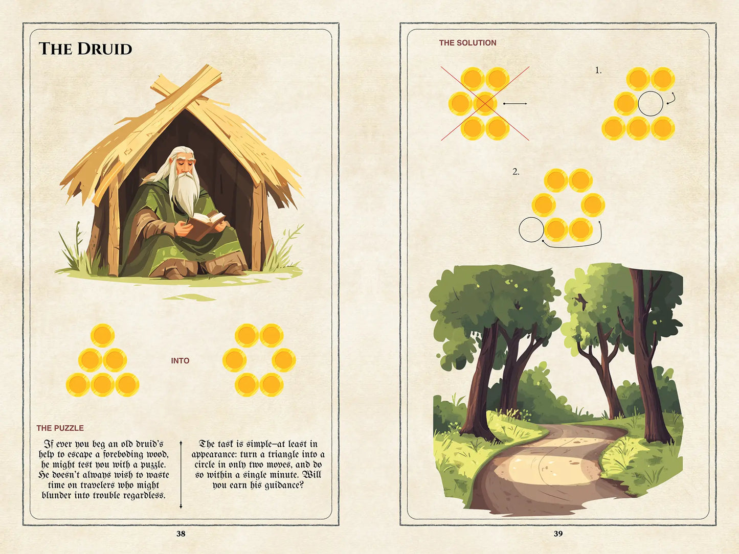 Coin Puzzle book spread on a4play.com featuring a coin-based riddle and solution, RPG puzzle book for Game Masters, system-agnostic supplement with 45+ coin puzzles for unlocking chests, doors, and NPC interactions. Ideal for RPG puzzle fans seeking coin riddles, tabletop game solutions, and adventure supplements.