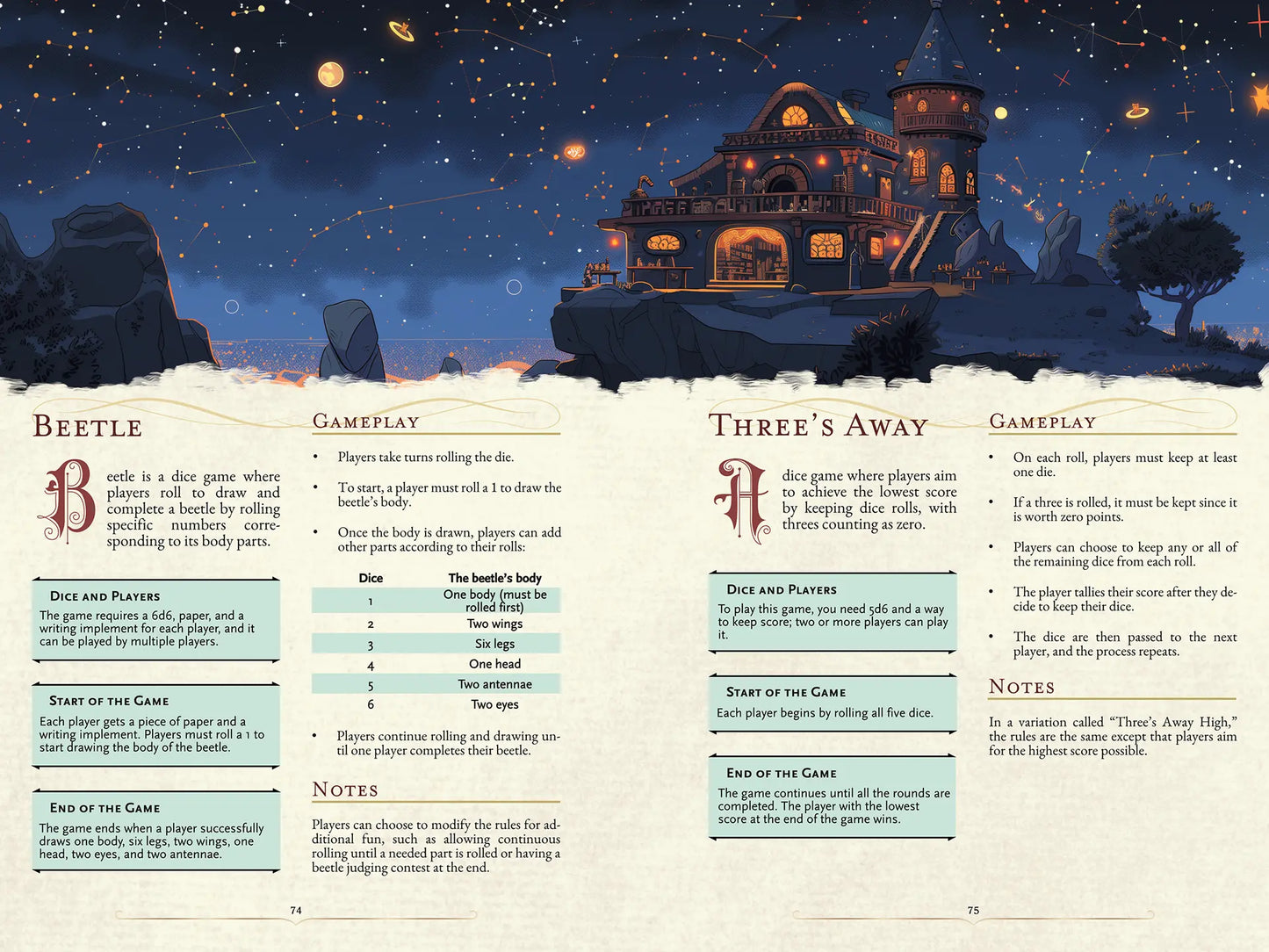 Open book spread from "100 Games for your 5E Adventures" on A4Play.com, featuring illustrated rules and artwork for the card game Beetle and Theea Away. Includes step-by-step instructions, gameplay example, and setup details for use in 5E, TTRPG, and RPG settings. Perfect for tabletop gamers and campaign creators seeking unique card and dice games to enhance their adventures. Full-color, easy-to-learn mini game guide for roleplaying sessions.