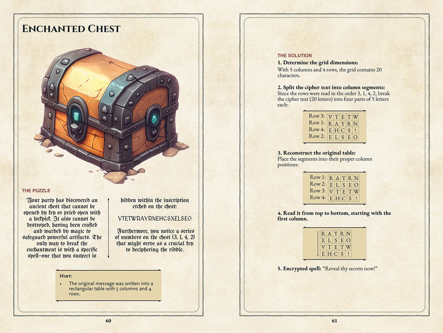 Coin Puzzle book page spread on a4play.com featuring a text-deciphering puzzle with solution, system-agnostic RPG supplement for Game Masters. Includes 45+ puzzles for unlocking chests and doors, spell decoding, and interactive challenges for RPG campaigns. Perfect for RPG puzzle books, text-based RPG puzzles, and adventure supplements for tabletop gaming.
