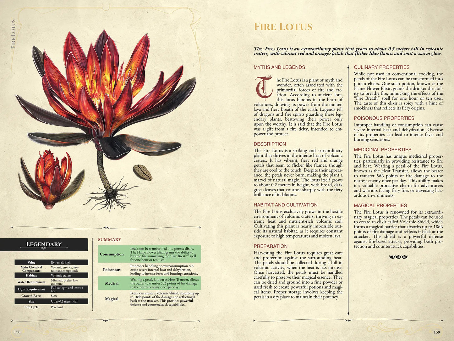 Sample spread of the book Mystic Herbs Compendium for 5E, showing a detailed illustrated plant entry with main information, short descriptions, and stats for 5e. Perfect resource for dnd books, dnd 5e books, dnd monsters, dnd books 5e, d&d monster lore, dnd monsters, d and d monsters, and dungeons and dragons monsters. Features summary tables and botanical illustrations, ideal for players and game masters seeking new magical plants, abilities, and encounters in their DnD campaigns; available on a4play.com.