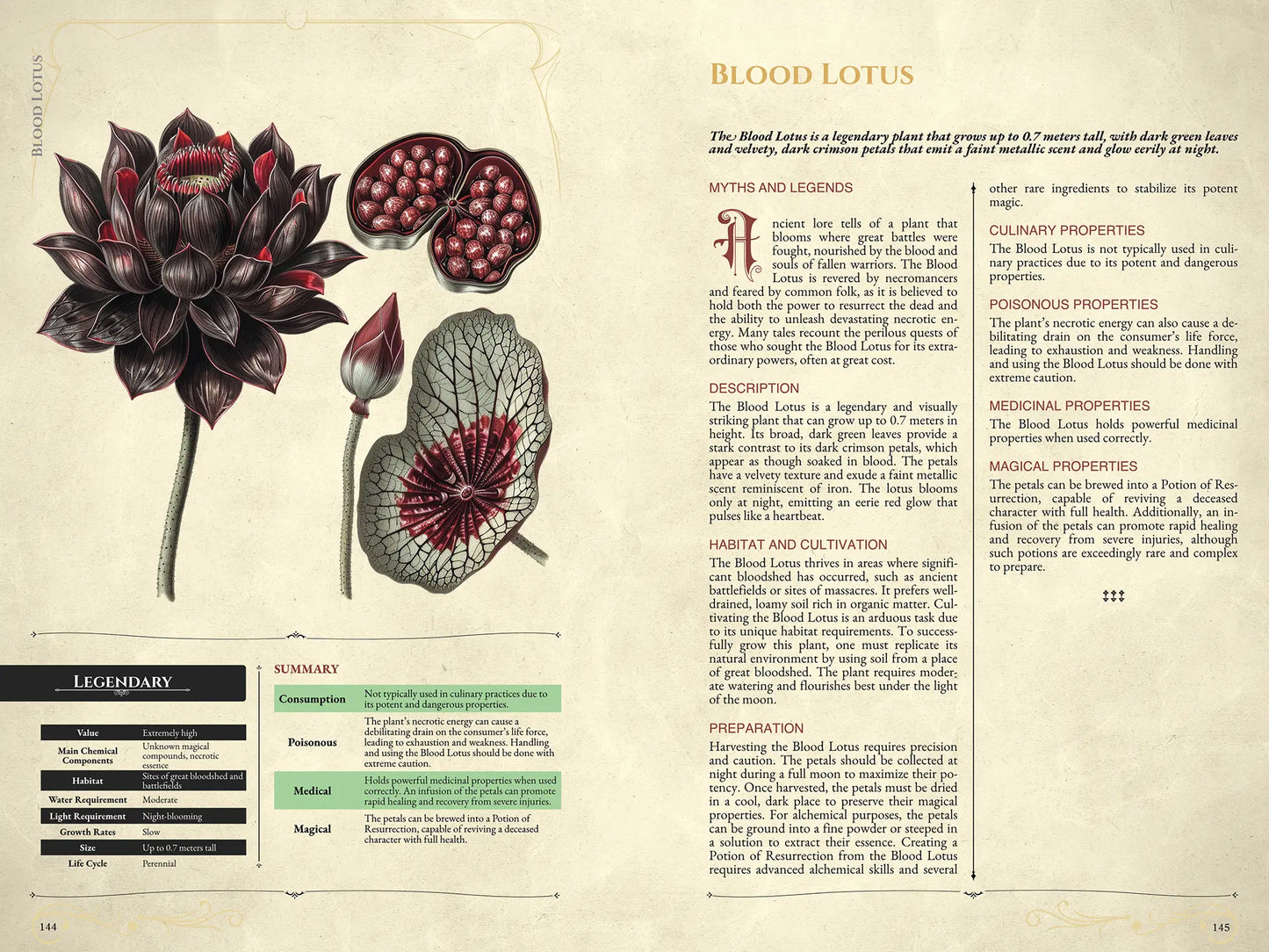 Sample spread of the book Mystic Herbs Compendium for 5E, showing a detailed illustrated plant entry with main information, short descriptions, and stats for 5e. Perfect resource for dnd books, dnd 5e books, dnd monsters, dnd books 5e, d&d monster lore, dnd monsters, d and d monsters, and dungeons and dragons monsters. Features summary tables and botanical illustrations, ideal for players and game masters seeking new magical plants, abilities, and encounters in their DnD campaigns; available on a4play.com.