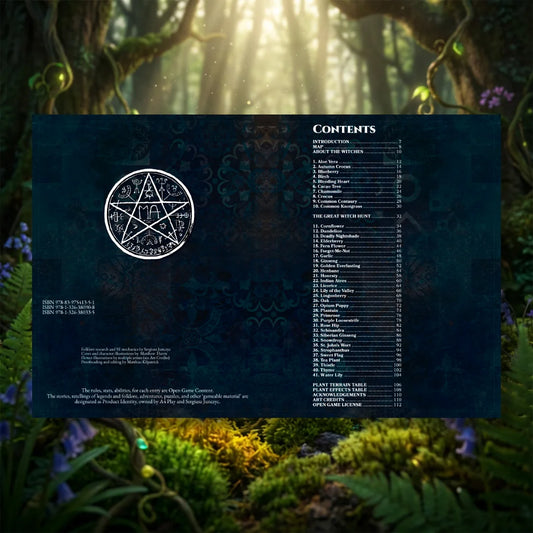 A detailed book spread from Witch's Herbs 5E by a4play.com, serving as the ultimate herbal tool for any master herbalist or alchemist. The left page explores botanical lore and an extensive herb list for gathering dnd herbs with your 5e herbalism kit. The right page features 5E mechanics to use with alchemist supplies, detailing how to craft a healing potion 5e, a greater healing potion, and other powerful dnd healing potions to enhance your tabletop herbalism campaigns.