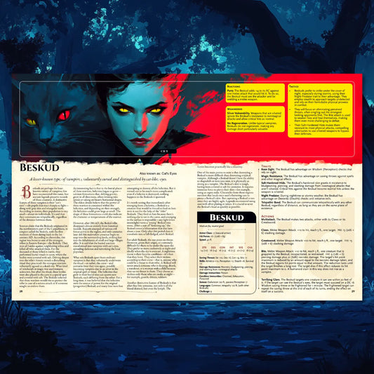 A detailed book spread from The Witchwood Bestiary by a4play.com, featuring the unique beskud. An essential addition to your collection of dnd books and dnd 5e books, the left page dives into rich d&d monster lore, exploring the creature's dark origins and folklore. The right page provides a complete dnd 5e stat block and thrilling adventure hooks. Perfect for game masters seeking new dungeons and dragons monsters, terrifying d and d monsters, and premium dnd books 5e to bring unforgettable dnd monsters to