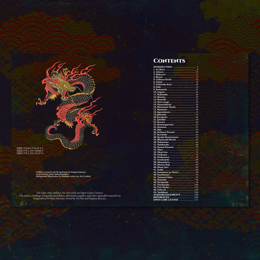 Book spread featuring the Yokai Bestiary 5E (Book Two), a unique dnd monster resource from the a4play.com collection. The left page shares an organized list of yokai monsters with their folklore origins, while the right page presents a guide to their detailed dnd 5e stat blocks and adventure hooks. Perfect for players and collectors searching for dnd books, dnd books 5e, dnd 5e books, d&d monster lore, dnd monsters, d and d monsters, and new dungeons and dragons monsters to expand their tabletop campaigns;