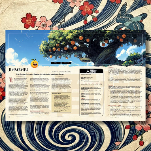 Book spread featuring Jinmenju, a unique dnd monster from Yokai Bestiary dnd 5e book. The left page presents Jinmenju’s legend, origins, and folklore, while the right page displays a detailed dnd 5e stat block and adventure hooks. Perfect resource for players and collectors looking for dnd books, dnd 5e books, dnd books 5e, d&d monster lore, dnd monsters, d and d monsters, and new dungeons and dragons monsters to enrich campaigns and expand dnd libraries; a4play.com