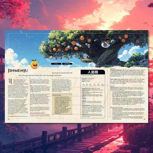 Book spread featuring Jinmenju, a unique dnd monster from Yokai Bestiary dnd 5e book. The left page presents Jinmenju’s legend, origins, and folklore, while the right page displays a detailed dnd 5e stat block and adventure hooks. Perfect resource for players and collectors looking for dnd books, dnd 5e books, dnd books 5e, d&d monster lore, dnd monsters, d and d monsters, and new dungeons and dragons monsters to enrich campaigns and expand dnd libraries; a4play.com