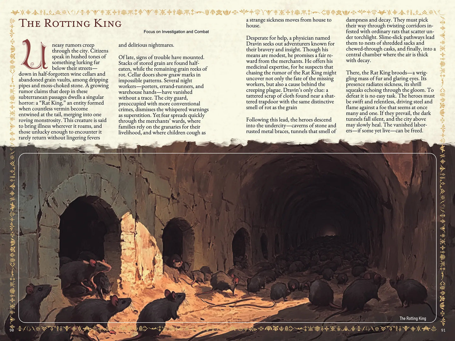 Book spread from an urban folklore RPG book on A4Play.com, featuring a short legend, brief story, and adventure plot hook. Perfect for tabletop RPG campaigns, roleplaying game masters, and players seeking city-based legends, urban myths, and creative scenario ideas. This RPG supplement includes folklore adventure hooks, storytelling inspiration, and campaign resources for exploration, diplomacy, and combat themes. a4play.com