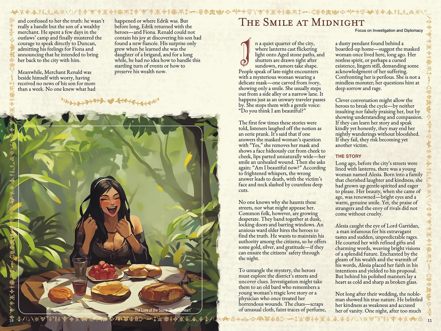 Book spread from an urban folklore RPG book on A4Play.com, featuring a short legend, brief story, and adventure plot hook. Perfect for tabletop RPG campaigns, roleplaying game masters, and players seeking city-based legends, urban myths, and creative scenario ideas. This RPG supplement includes folklore adventure hooks, storytelling inspiration, and campaign resources for exploration, diplomacy, and combat themes. a4play.com