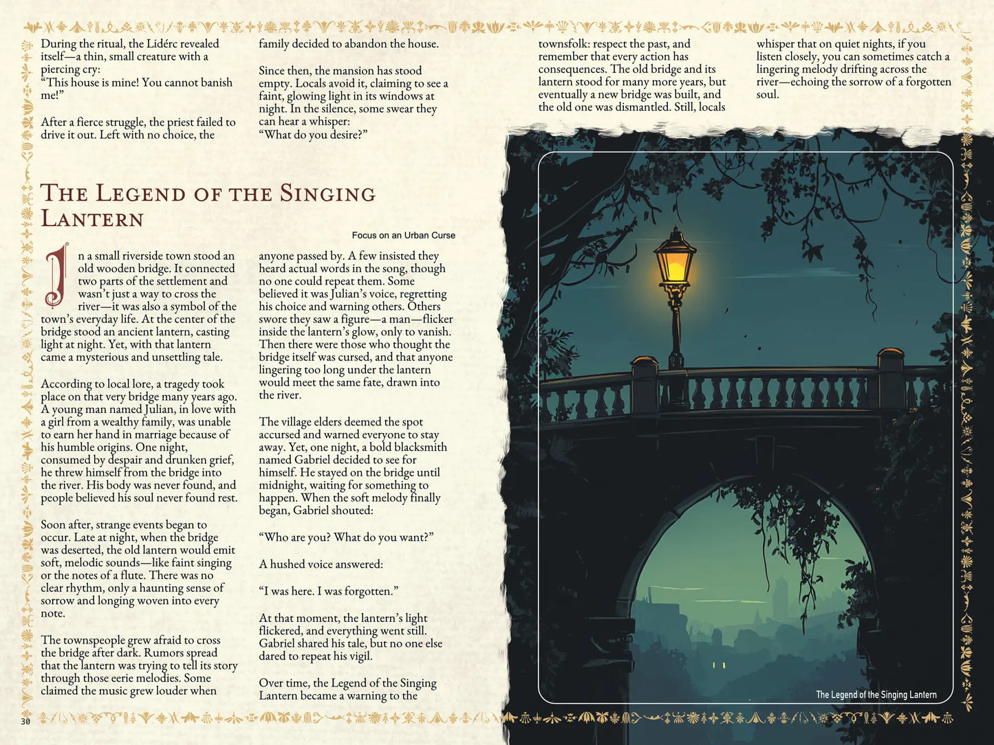 Book spread from an urban folklore RPG book on A4Play.com, featuring a short legend, brief story, and adventure plot hook. Perfect for tabletop RPG campaigns and roleplaying games, this supplement provides city-based legends, RPG story hooks, urban myths, and creative scenario ideas for game masters and players. Enhance your campaign with folklore-based adventure hooks, storytelling inspiration, and resources for exploration, diplomacy, and combat in any urban fantasy setting. a4play.com
