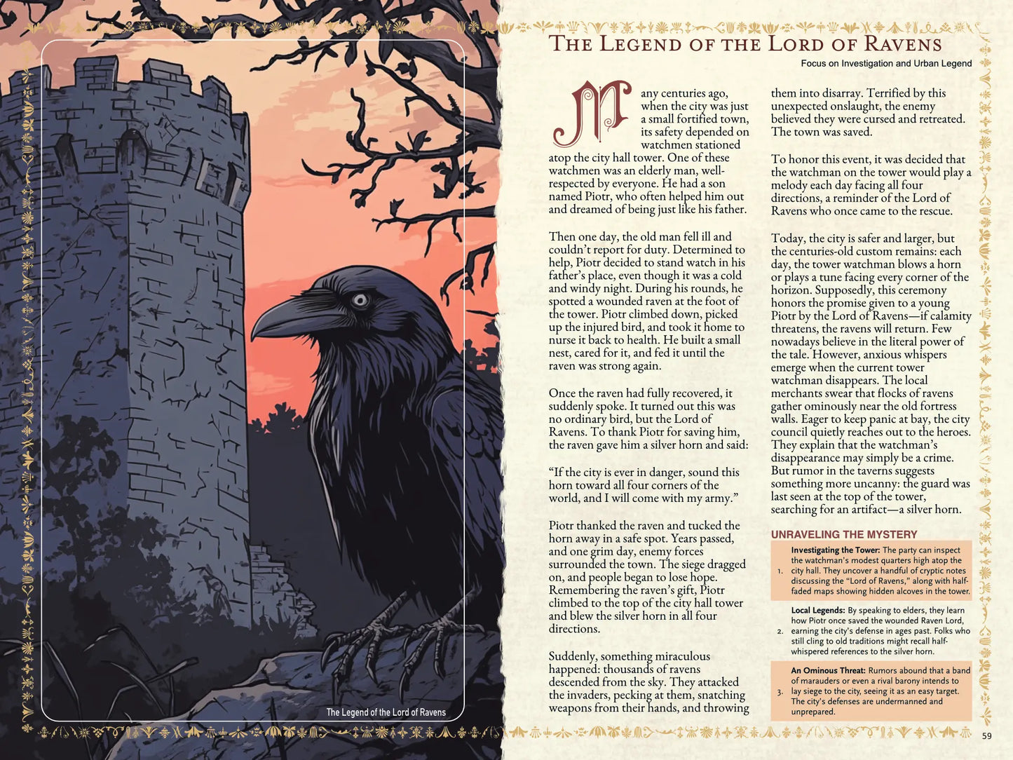 Book spread from an urban folklore RPG book on A4Play.com, featuring a short legend, brief story, and adventure plot hook. Perfect for tabletop RPG campaigns, roleplaying game masters, and players seeking city-based legends, urban myths, and creative scenario ideas. This RPG supplement includes folklore adventure hooks, storytelling inspiration, and campaign resources for exploration, diplomacy, and combat themes. a4play.com