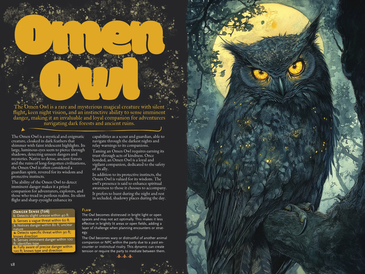 Book spread from "A Bestiary of Companions for 5E" on A4Play.com, featuring the stat block, adventure hooks, and detailed description for the Omen Owl companion. The spread highlights unique creature abilities and creative options for fantasy roleplaying adventures, making it a valuable resource for players and collectors seeking to enrich their campaign with new companion creatures.