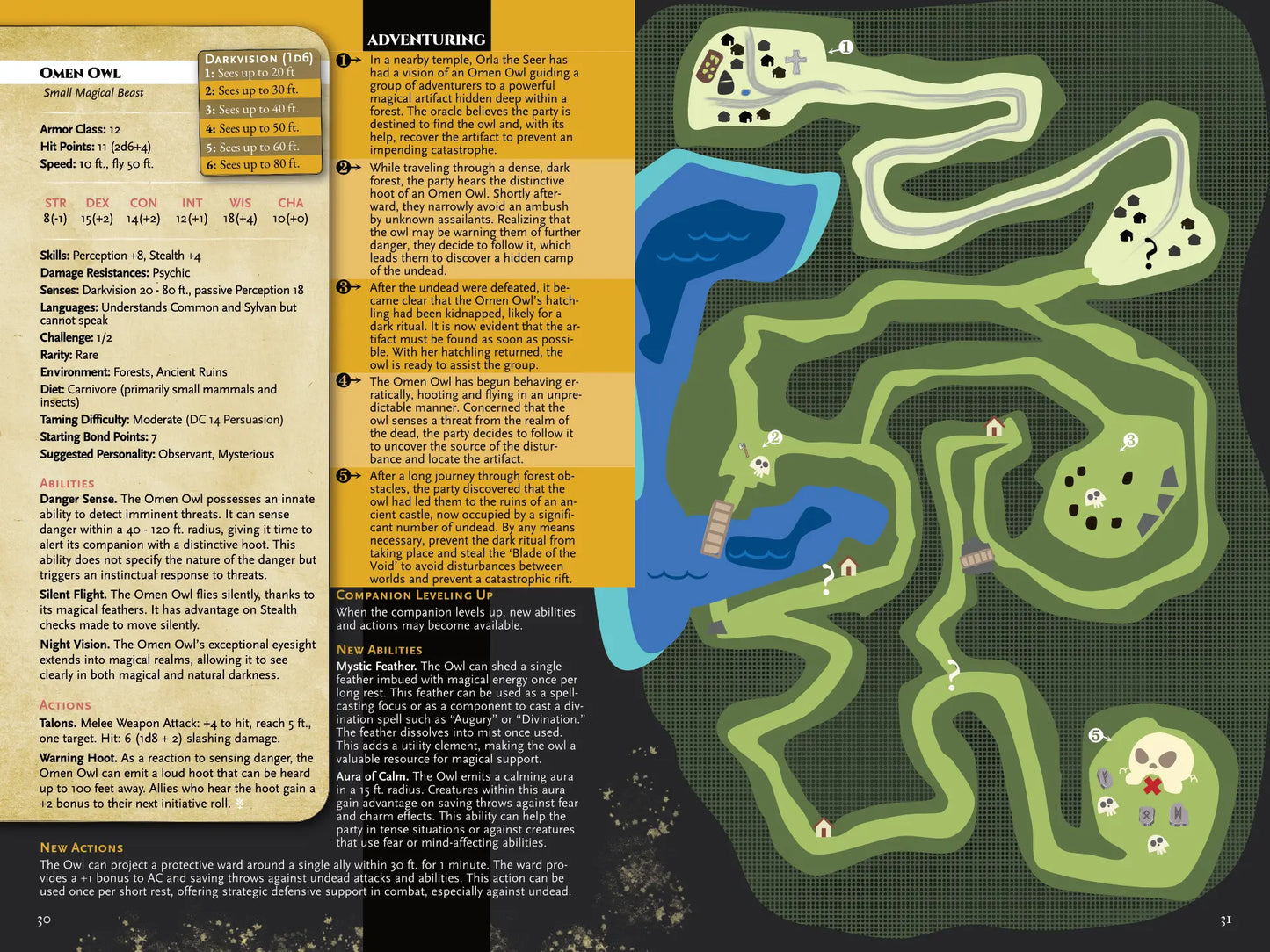 Book spread from “A Bestiary of Companions for 5E” on A4Play.com, featuring a detailed stat block, adventure hooks, and an illustrated fantasy map. Includes unique creature abilities and creative encounter ideas to inspire fantasy tabletop campaigns, making it a valuable resource for players and game masters looking to expand their collection with new companions and adventure content.