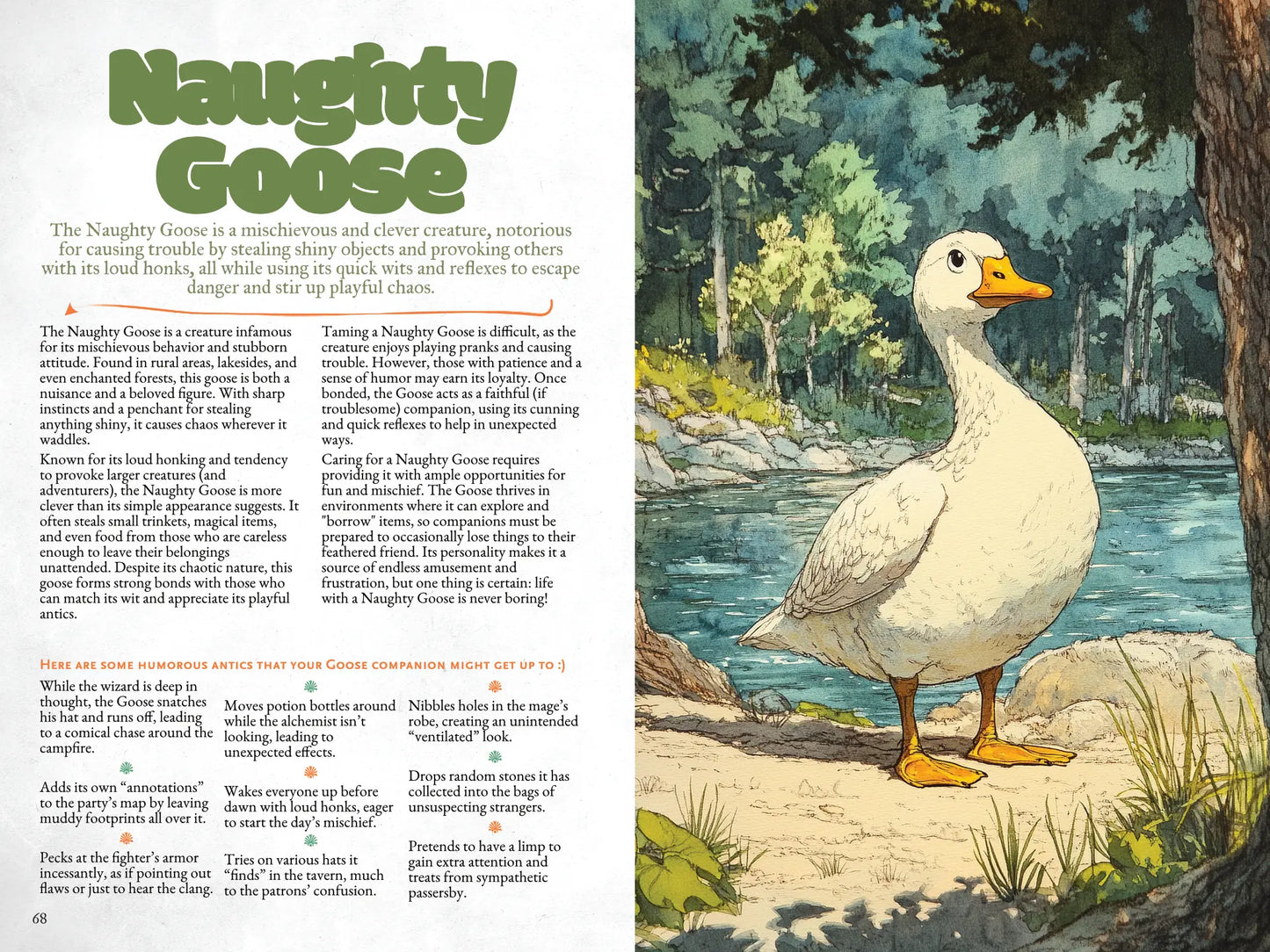 Book spread from “A Bestiary of Companions for 5E” on A4Play.com, featuring a detailed stat block, adventure hooks, and an illustrated fantasy map. Designed to inspire and support fantasy tabletop gaming, this spread presents unique creatures and creative adventure content for enriching roleplaying campaigns and collections.
