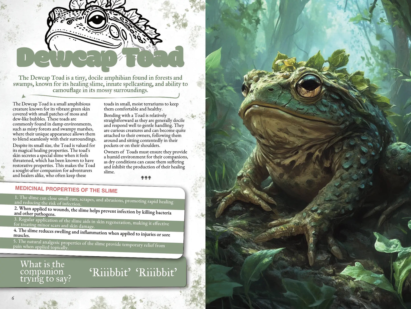 Book spread from "A Bestiary of Companions for 5E" on A4Play.com, showing a detailed illustration and statistics for a giant toad creature. The page includes unique abilities, adventure hooks, and creative companion ideas, making it a valuable resource for players and collectors of fantasy roleplaying materials who enjoy adding new monsters to their campaigns.