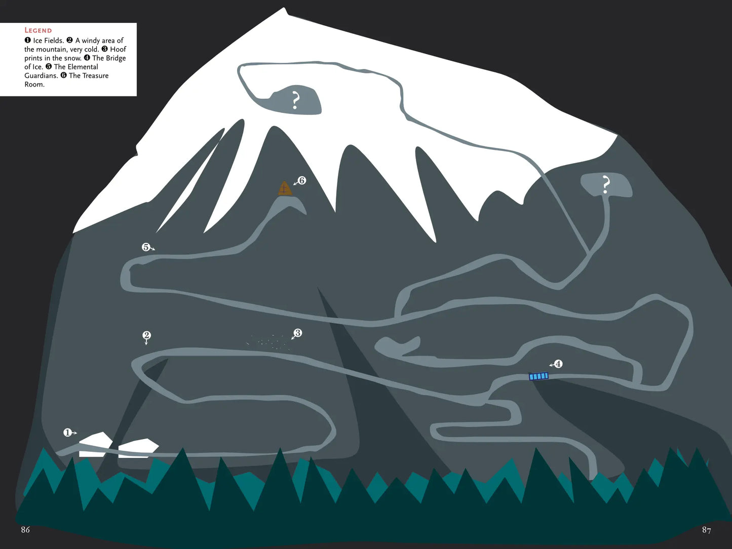 Book spread from "A Bestiary of Companions for 5E" on A4Play.com, featuring a detailed illustrated mountain map designed for tabletop campaigns. The spread includes creative adventure maps, encounter ideas, and new fantasy creatures, providing inspiration and resources for players and game masters looking to enrich their roleplaying adventures.