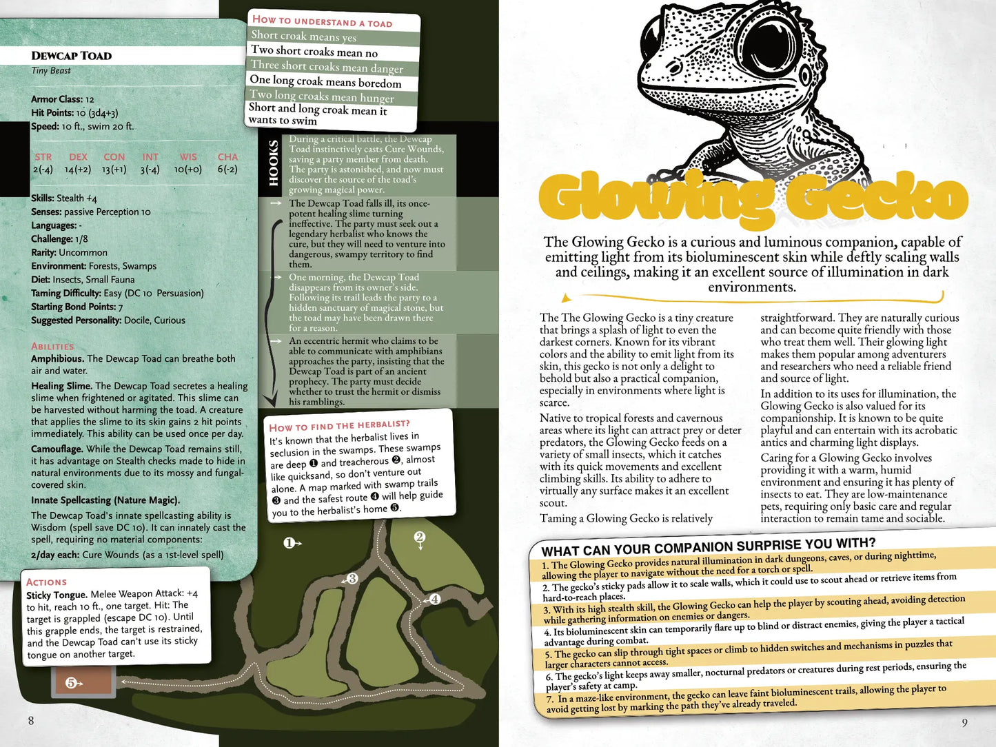 Book spread from "A Bestiary of Companions for 5E" on A4Play.com, featuring the stat block, adventure hooks, and companion description for the Glowing Gecko. Includes unique creature abilities and creative options for fantasy campaigns and roleplaying adventures, making it a valuable resource for players and collectors of fantasy bestiaries.