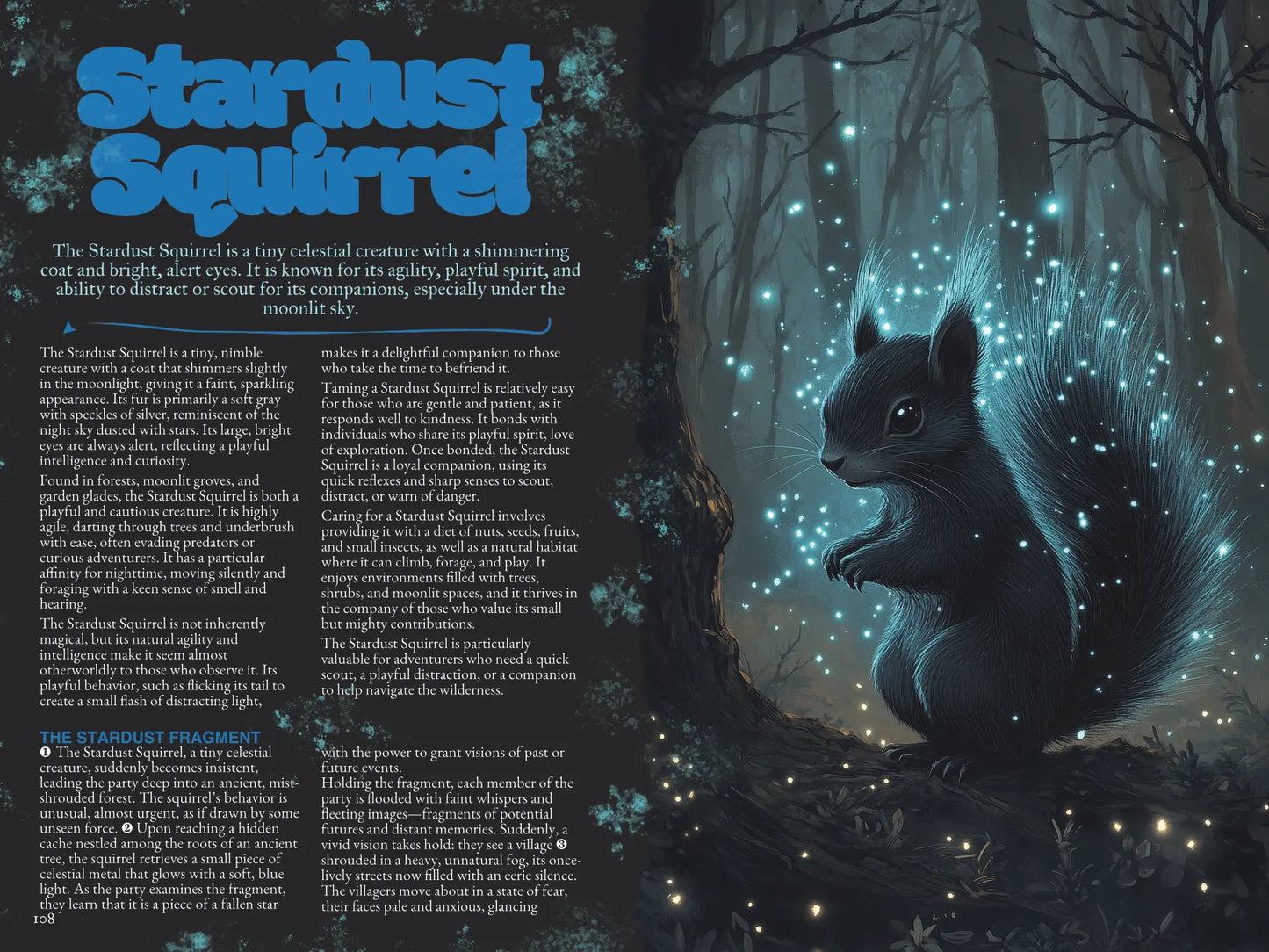Alt text:
Book spread from "A Bestiary of Companions for 5E" on A4Play.com, showing a detailed companion description, unique abilities, and fantasy creature illustration. Designed to provide new options, creative creatures, and inspiration for fantasy tabletop roleplaying campaigns and collections.