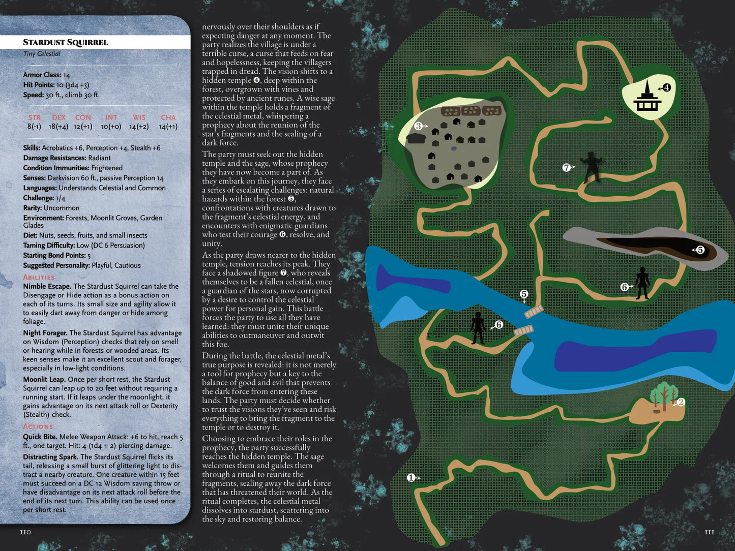 Book spread from “A Bestiary of Companions for 5E” on A4Play.com, featuring a detailed stat block, adventure hooks, and an illustrated fantasy map. Includes unique creature abilities and creative content to inspire and enrich fantasy tabletop campaigns, making it a useful resource for players and game masters seeking new companions and adventure material.