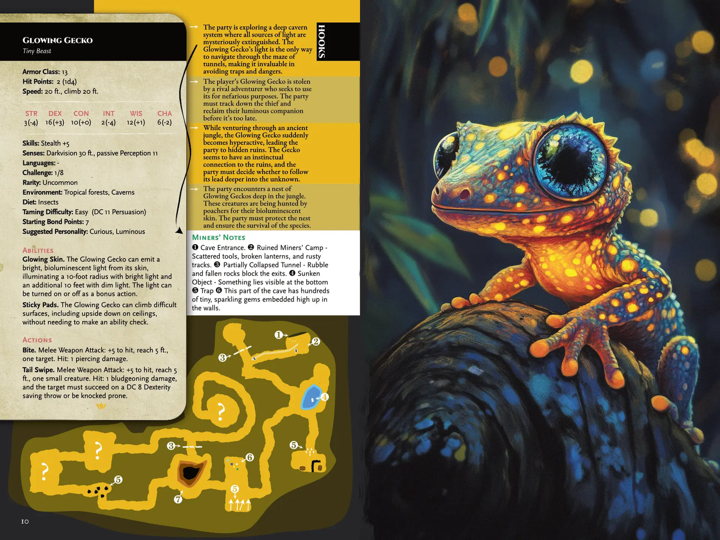 Book spread from "A Bestiary of Companions for 5E" on A4Play.com, featuring a detailed illustration, stat block, adventure hooks, and companion description for the Glowing Gecko. Includes unique abilities and creative options for fantasy campaigns and roleplaying adventures, designed for those seeking new monsters and companion ideas for their game.