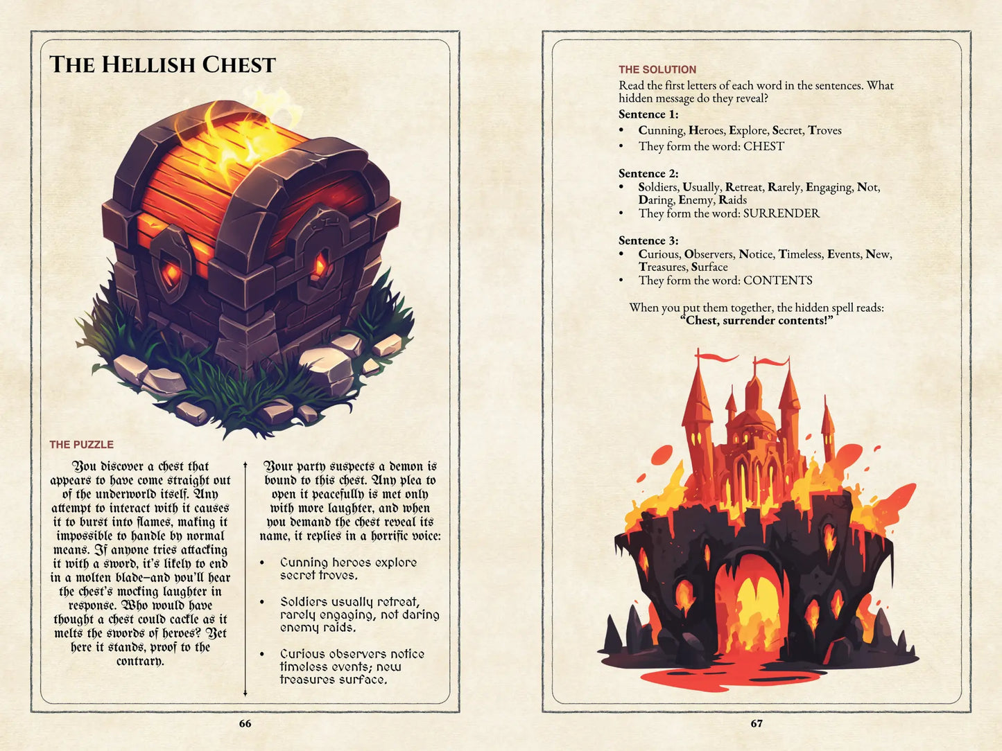 Coin Puzzle book page spread on a4play.com featuring a text-deciphering puzzle with solution, system-agnostic RPG supplement for Game Masters. Includes 45+ puzzles for unlocking chests and doors, spell decoding, and interactive challenges for RPG campaigns. Perfect for RPG puzzle books, text-based RPG puzzles, and adventure supplements for tabletop gaming.