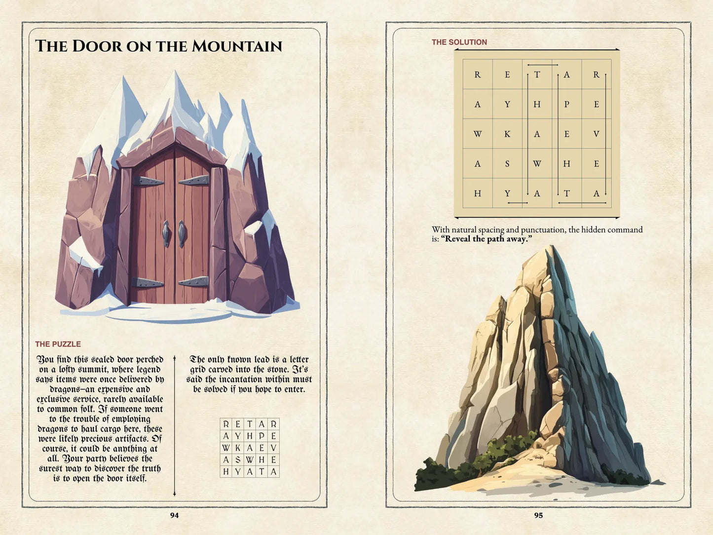Coin Puzzle book page spread on a4play.com featuring a text-deciphering puzzle with solution, system-agnostic RPG supplement for Game Masters. Includes 45+ puzzles for unlocking chests and doors, spell decoding, and interactive challenges for RPG campaigns. Perfect for RPG puzzle books, text-based RPG puzzles, and adventure supplements for tabletop gaming.
