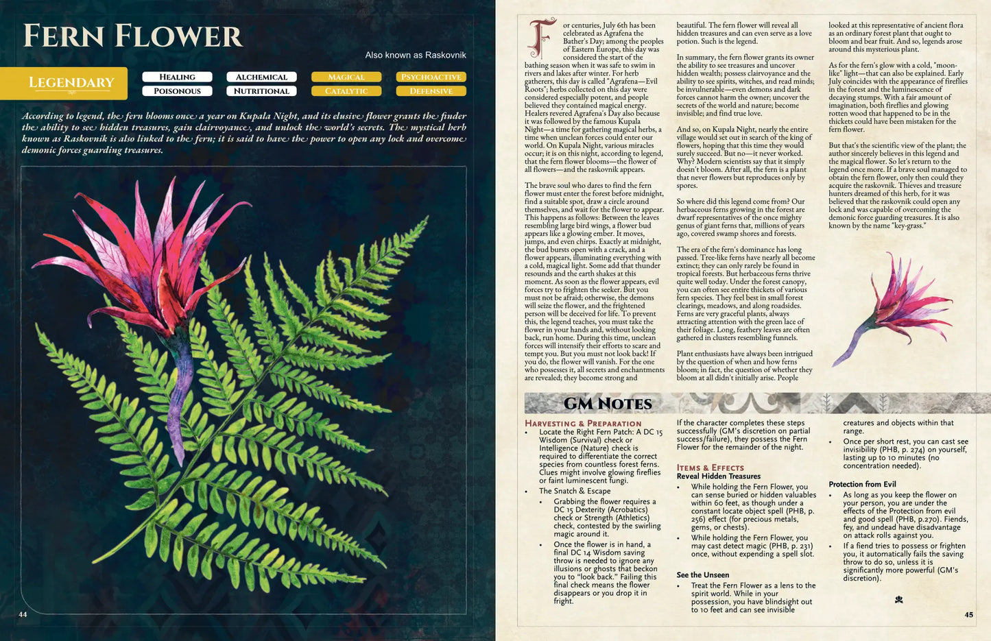 Illustration of the mythical fern flower glowing among green leaves from “Witch’s Herbs 5E” on a4play.com. Highlights a rare magical herb used in 5e tool, dnd potions, 5e herbalism kit, magic items 5e, and alchemy dnd; ideal for potion-making and folklore-inspired adventure settings.