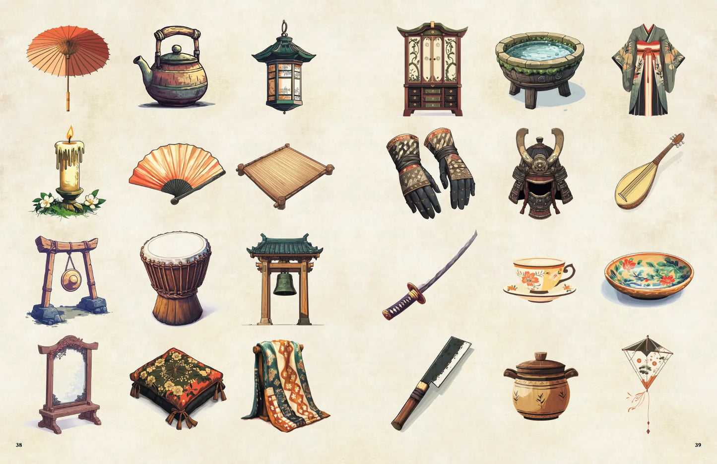 Book spread featuring a collection of mystical Japanese items and artifacts, with legends and a dnd 5e stat block from Yokai Bestiary. Perfect for fans of dnd books, dnd 5e books, dnd books 5e, dnd monsters, d&d monster lore, d and d monsters, and dungeons and dragons monsters seeking to enhance their campaigns with unique content inspired by Japanese folklore. Ideal supplement for collectors of dnd 5e books. a4play.com