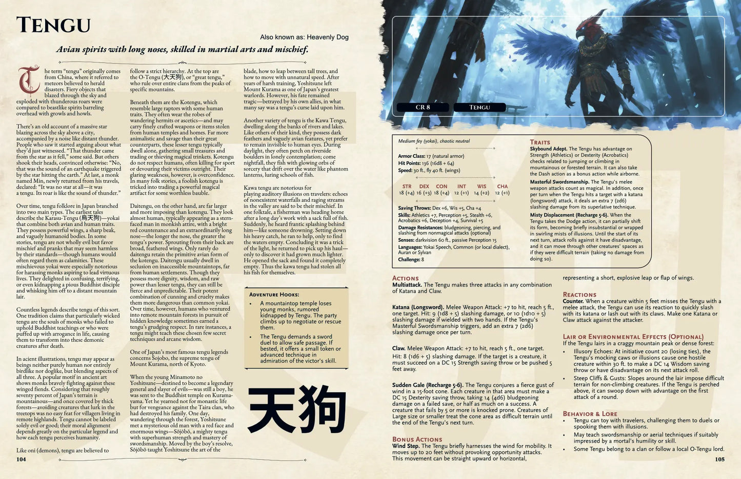 Book spread showing Tengu, a legendary dnd monster from Yokai Bestiary dnd 5e book. Left page includes Tengu’s folklore legend and origins, while the right page displays a dnd 5e stat block and adventure hooks. Ideal for players and game masters seeking dnd books, dnd books 5e, dnd 5e books, and new dnd monsters or d and d monsters to enhance their collection of dungeons and dragons monsters with unique creature lore and gameplay options. a4play.com