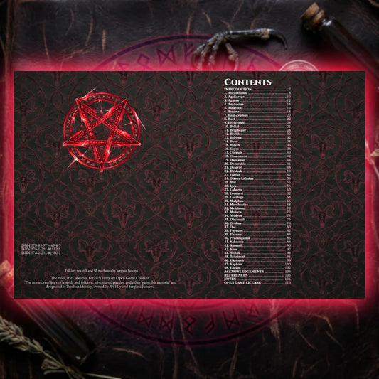 Book spread featuring contents od demonic bestiary 5e; Perfect for players and collectors searching for DnD books, 5E demons, D&D demon lore, and new Dungeons & Dragons fiends to expand their tabletop campaigns; a4play a4 play a4play.com.