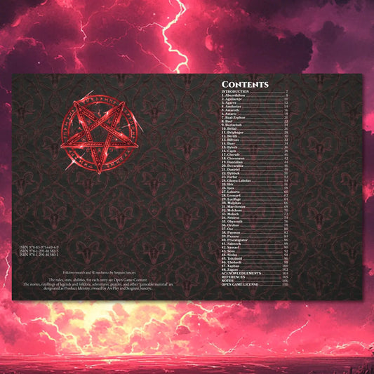 Book spread featuring contents od demonic bestiary 5e; Perfect for players and collectors searching for DnD books, 5E demons, D&D demon lore, and new Dungeons & Dragons fiends to expand their tabletop campaigns; a4play a4 play a4play.com.