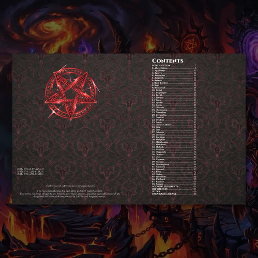 Book spread featuring contents od demonic bestiary 5e; a4play a4 play a4play.com.