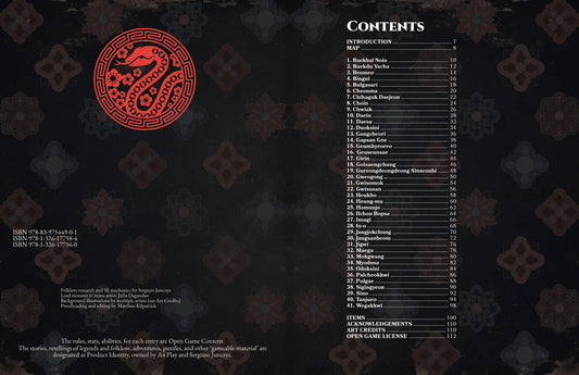 Table of Contents for the Korean Bestiary 5E, listing 41 monsters (e.g., Imugi, Maegu, Pulgae) with full-page spreads, lore, and dnd 5e stat blocks, for Dungeons and Dragons game masters.