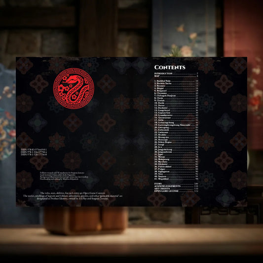 Book spread featuring the Korean Bestiary 5E, a unique dnd monster resource from the a4play.com collection. The left page shares an organized list of 41 monsters including Imugi, Maegu, and Pulgae with their folklore origins, while the right page presents a guide to their detailed dnd 5e stat blocks and adventure hooks. Perfect for players and collectors searching for dnd books, dnd books 5e, dnd 5e books, d&d monster lore, dnd monsters, d and d monsters, and new dungeons and dragons monsters to expand thei