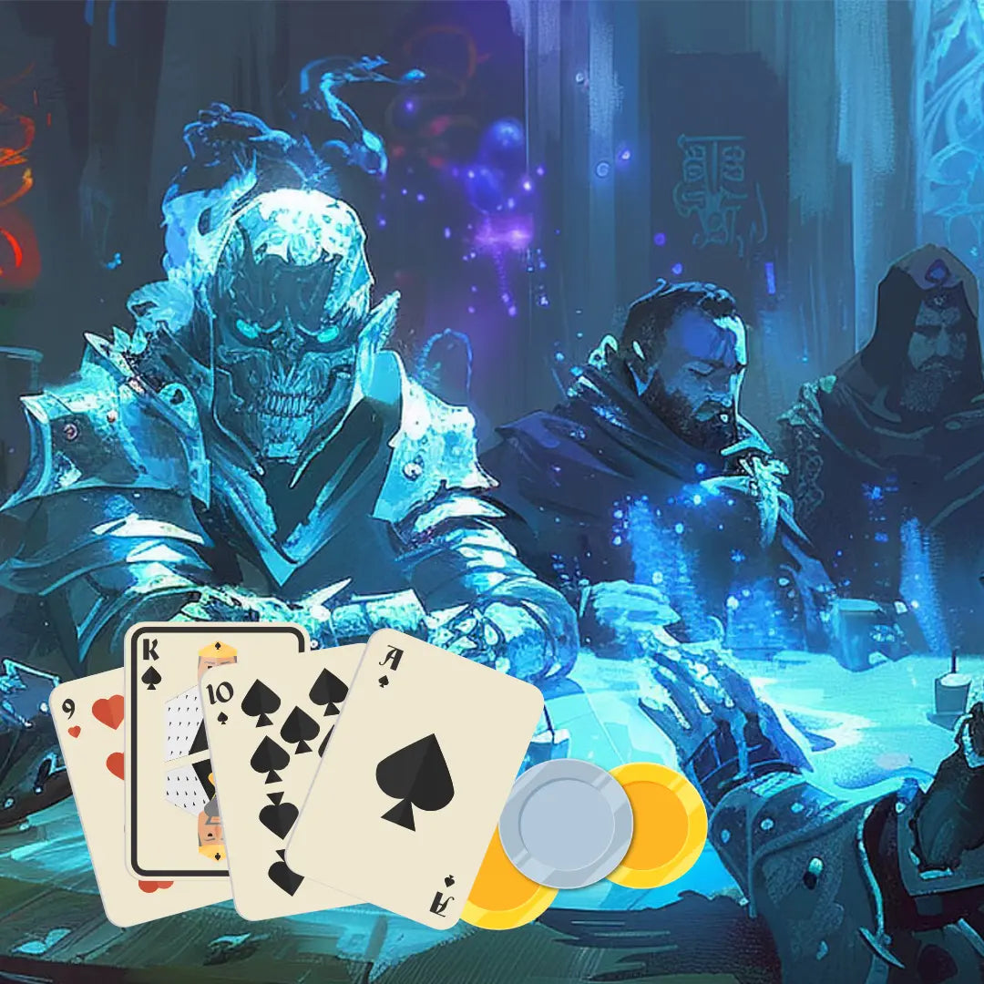 Main image of the book "100 Games for your 5E Adventures, RPGs, and TTRPGs" on a4play.com, featuring an illustrated party of adventurers playing cards. Perfect for fans of dnd books, dnd 5e books, and tabletop gamers looking for dnd monsters and creative roleplaying sessions. This guide offers over 100 card and dice games for dnd and ttrpg campaigns, with detailed rules, immersive artwork, and easy gameplay perfect for expanding your dnd books 5e collection or discovering new dnd monsters and adventure idea