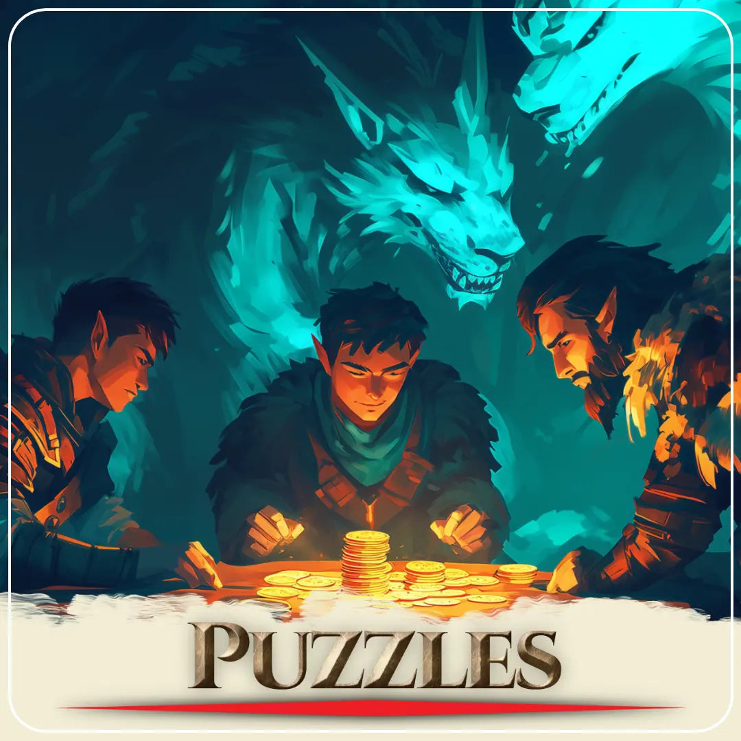 Coin Puzzle book cover main banner on a4play.com, system-agnostic RPG supplement for Game Masters, features 45+ coin-based RPG puzzles and riddles for unlocking chests and doors, solving spells, and interacting with NPCs. Perfect for RPG puzzle books, coin puzzles, and unique adventure supplements for tabletop campaigns