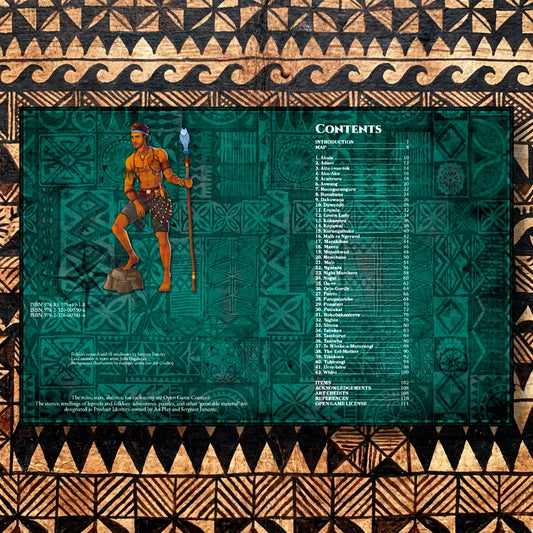 Book spread featuring the Oceanian Bestiary 5E, a unique dnd monster resource from the a4play.com collection. The left page shares an organized list of monsters including Abaia, Adaro, Taniwha, and Whiro with their folklore origins, while the right page presents a guide to their detailed dnd 5e stat blocks and adventure hooks. Perfect for players and collectors searching for dnd books, dnd books 5e, dnd 5e books, d&d monster lore, dnd monsters, d and d monsters, and new dungeons and dragons a4play.com