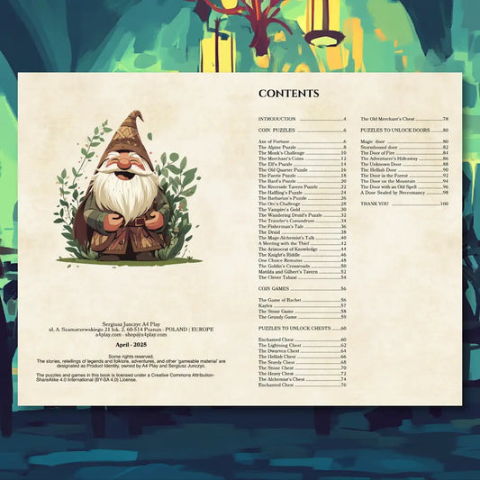 Contents "Coin Puzzles and Lock Challenges For Your Adventures," featuring illustrated coins, puzzle pieces, locks, and treasure chests. Designed for tabletop roleplaying Game Masters, this guide highlights creative coin-based riddles, chest and door puzzles, and adventure hooks to add interactive and memorable challenges to any campaign. a4play.com
