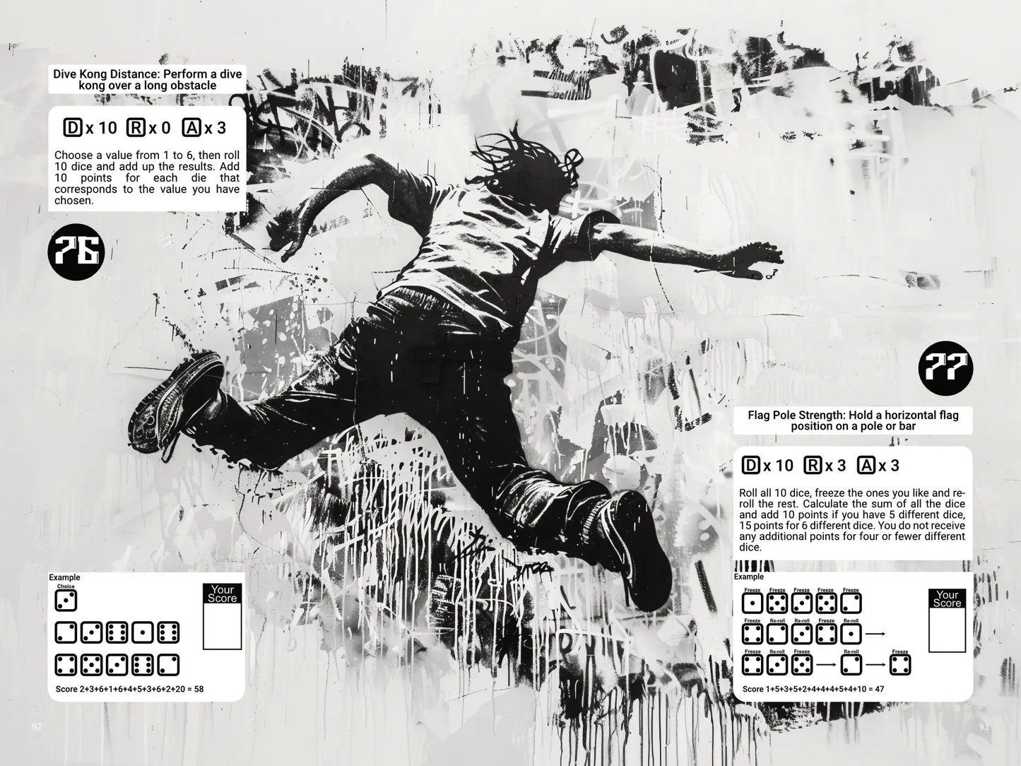 Parkour Rush Roll and Write Game book spread on a4play.com, featuring parkour challenges, roll and write gameplay, instructions, and scoring with 10d6 dice. Explore unique parkour tricks in this roll and write book, perfect for solo or group play and parkour game fans.
