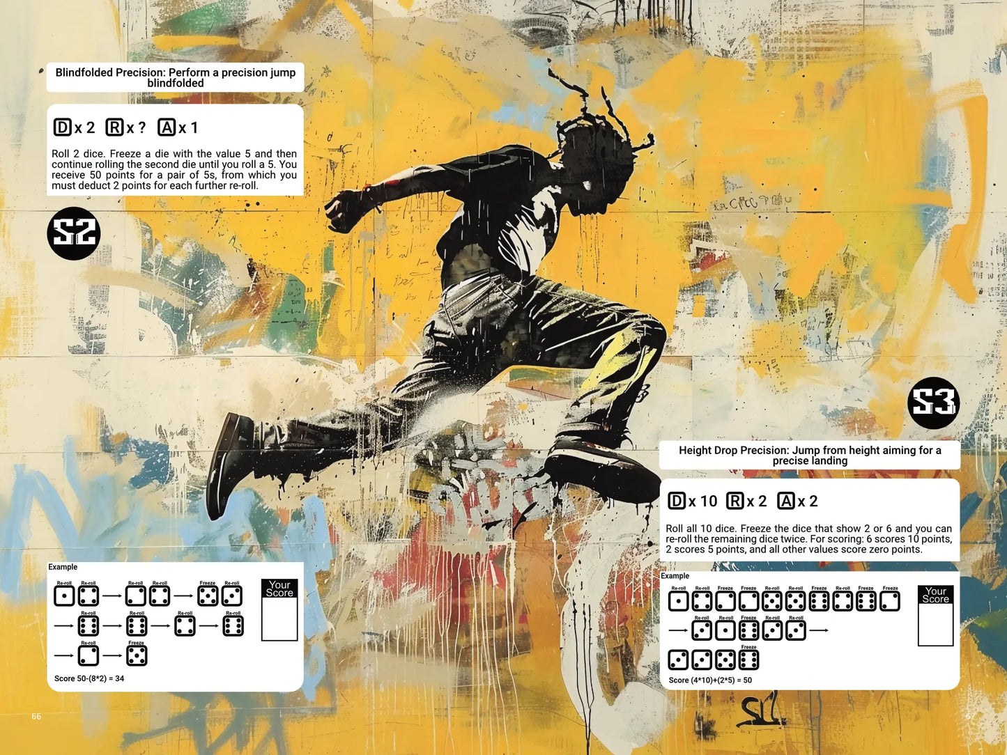 Parkour Rush Roll and Write Game book spread on a4play.com, featuring parkour challenges, roll and write gameplay, instructions, and scoring with 10d6 dice. Explore unique parkour tricks in this roll and write book, perfect for solo or group play and parkour game fans.