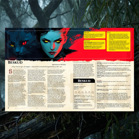A detailed book spread from The Witchwood Bestiary by a4play.com, featuring the unique beskud. An essential addition to your collection of dnd books and dnd 5e books, the left page dives into rich d&d monster lore, exploring the creature's dark origins and folklore. The right page provides a complete dnd 5e stat block and thrilling adventure hooks. Perfect for game masters seeking new dungeons and dragons monsters, terrifying d and d monsters, and premium dnd books 5e to bring unforgettable dnd monsters to