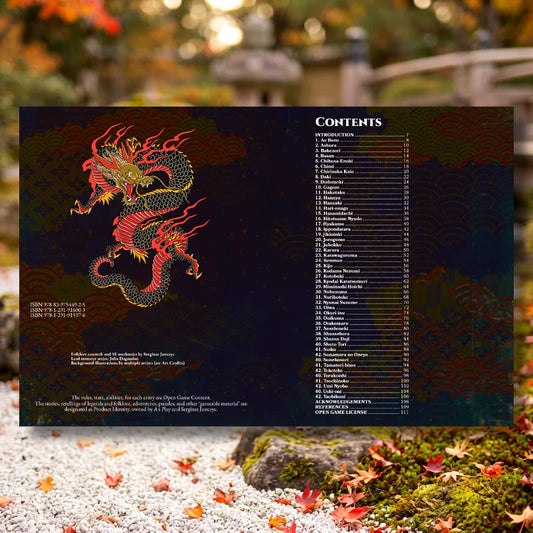 Book spread featuring the Yokai Bestiary 5E (Book Two) Contents, a unique dnd monster resource from the a4play.com collection. The left page shares an organized list of yokai monsters with their folklore origins, while the right page presents a guide to their detailed dnd 5e stat blocks and adventure hooks. Perfect for players and collectors searching for dnd books, dnd books 5e, dnd 5e books, d&d monster lore, dnd monsters, d and d monsters, and new dungeons and dragons monsters to