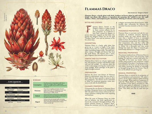 Book spread from Mystic Herbs Compendium for 5E on a4play.com featuring a plant stat block, short descriptions, magical properties, and 5e stats. Illustrated dnd book for dnd 5e books, includes mystical herbs, plant lore, potion tables, dnd monsters, and essential resources for dnd books 5e, dnd 5e books, dnd monsters, dnd books, and d and d monsters fans.