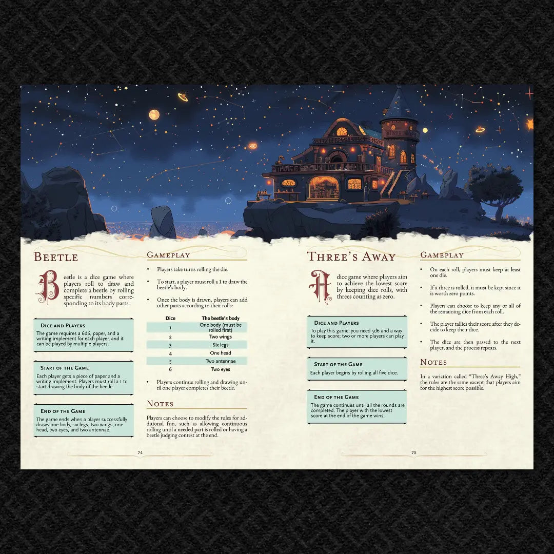 Book spread from "100 Games for your 5E Adventures, RPGs, and TTRPGs" on a4play.com, featuring detailed illustrated rules and gameplay for the classic card game Faro. Perfect for dnd books 5e fans, tabletop gamers, and anyone seeking new content for their dnd books, dnd 5e books, and dnd monsters collections. Includes game setup, playthrough examples a4play..com