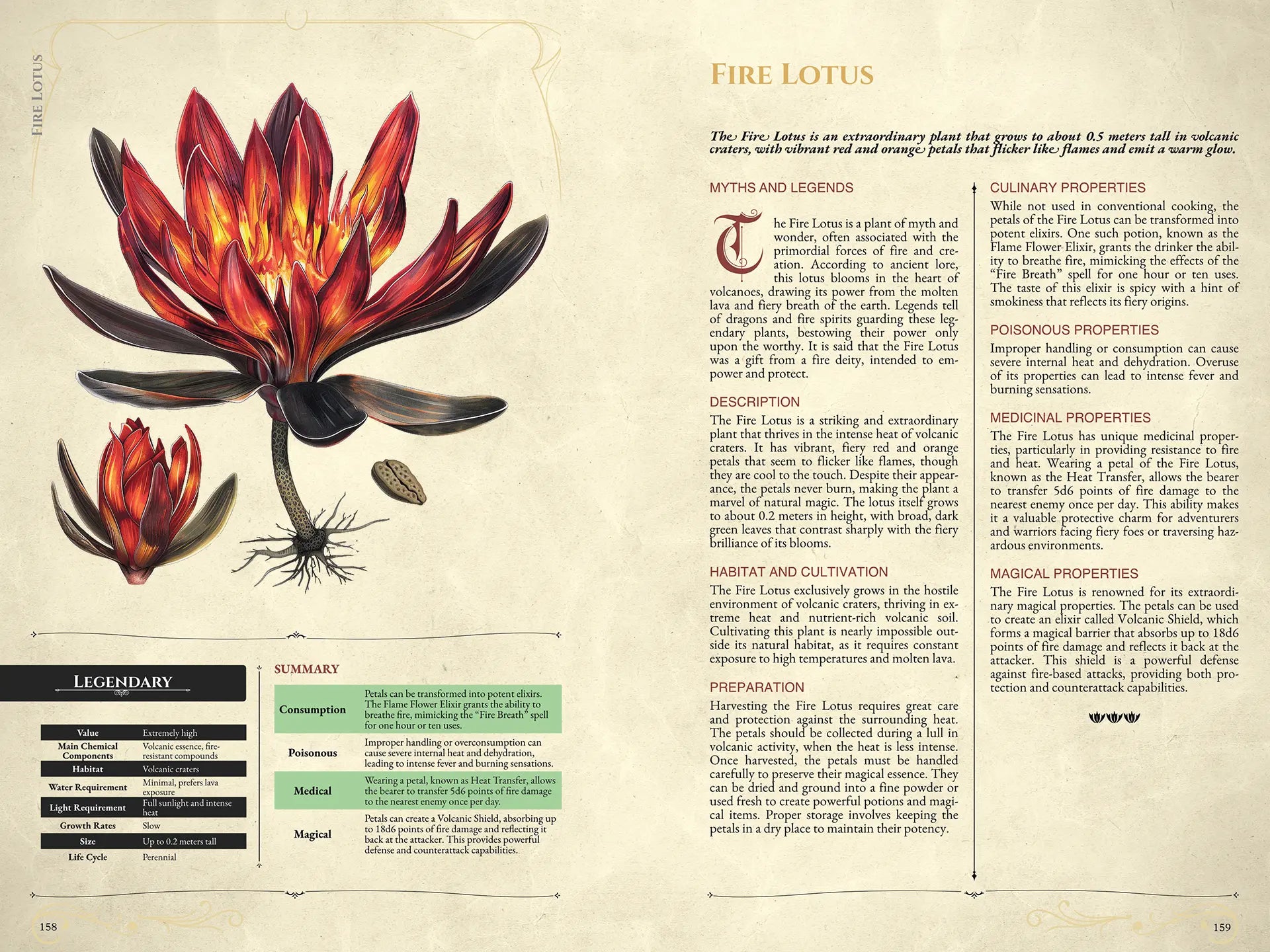 Sample spread of the book Mystic Herbs Compendium for 5E, showing a detailed illustrated plant entry with main information, short descriptions, and stats for 5e. Perfect resource for dnd books, dnd 5e books, dnd monsters, dnd books 5e, d&d monster lore, dnd monsters, d and d monsters, and dungeons and dragons monsters. Features summary tables and botanical illustrations, ideal for players and game masters seeking new magical plants, abilities, and encounters in their DnD campaigns; available on a4play.com.