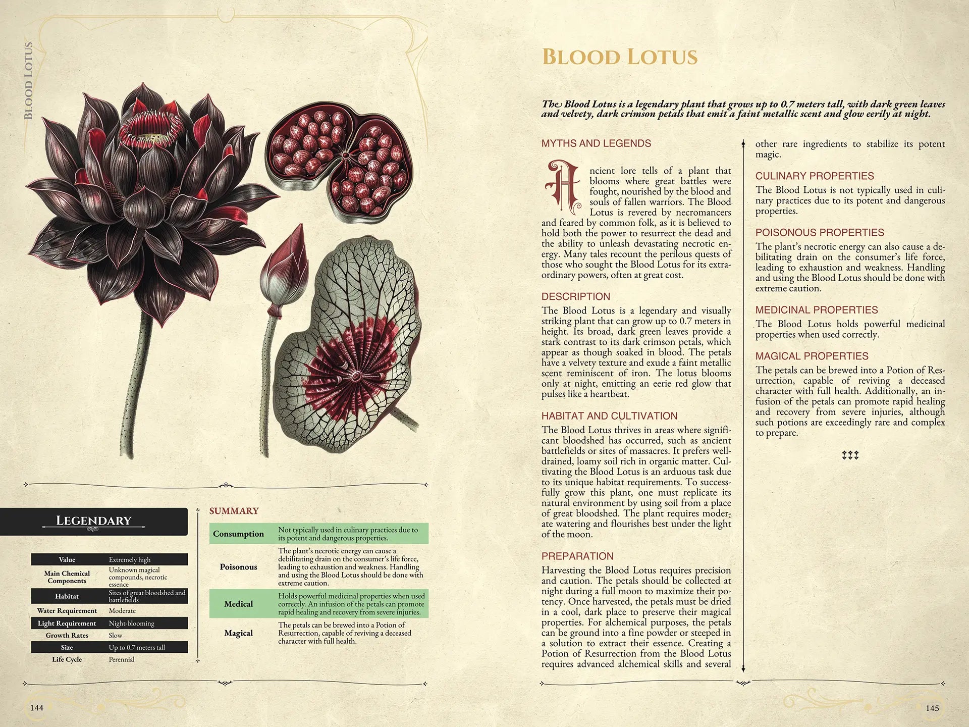 Sample spread of the book Mystic Herbs Compendium for 5E, showing a detailed illustrated plant entry with main information, short descriptions, and stats for 5e. Perfect resource for dnd books, dnd 5e books, dnd monsters, dnd books 5e, d&d monster lore, dnd monsters, d and d monsters, and dungeons and dragons monsters. Features summary tables and botanical illustrations, ideal for players and game masters seeking new magical plants, abilities, and encounters in their DnD campaigns; available on a4play.com.