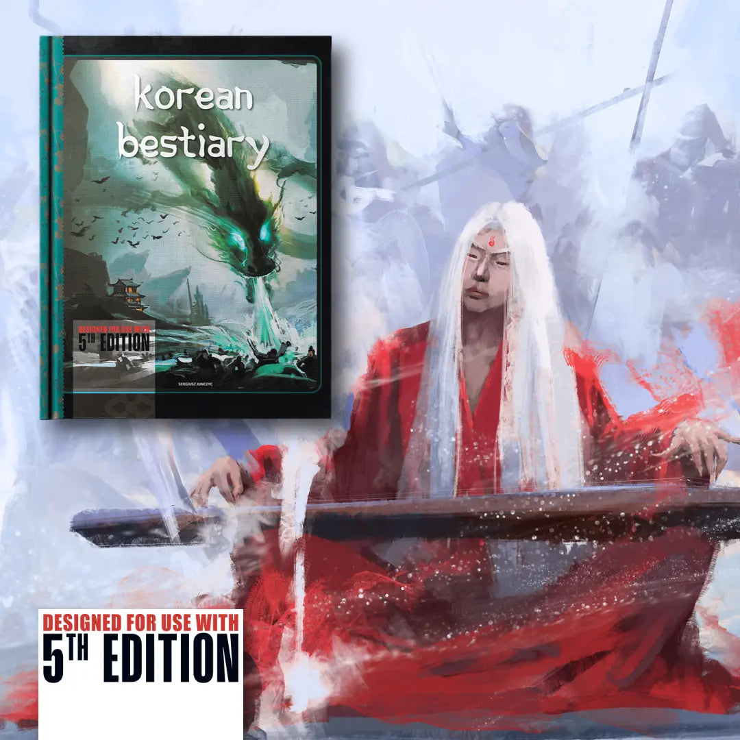 Cover art for the Korean Bestiary 5E, featuring 41 original monsters and creatures inspired by Korean folklore, fully compatible with dnd 5e and dnd5e rules for tabletop roleplaying. a4play.com